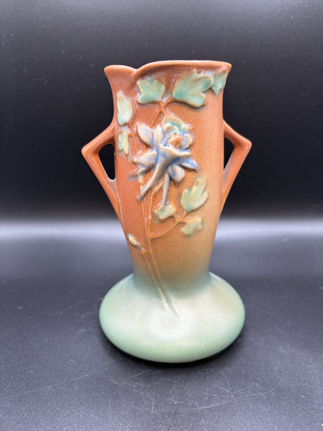 Vase. USA. Roseville Pottery. 13-6. Blue Columbine Pattern on Orange and Teal. 6.5&quot;H