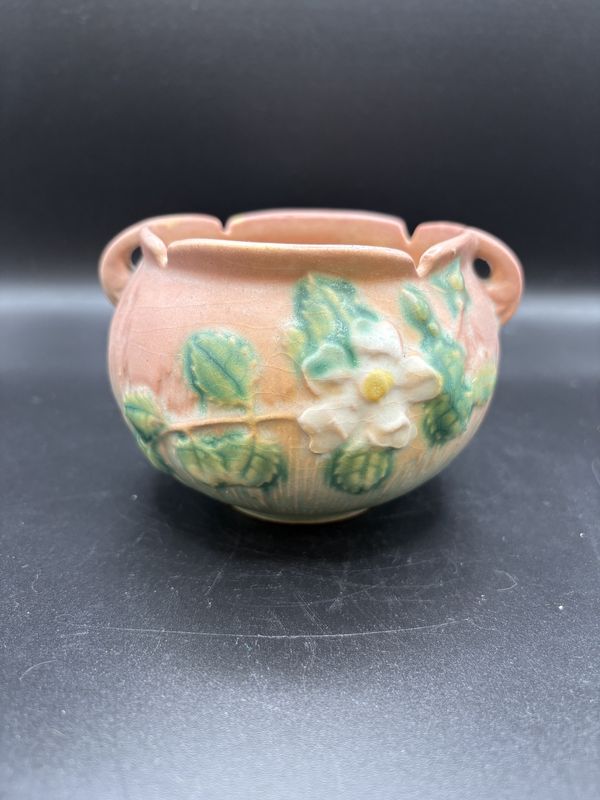 Ceramic. USA. Roseville Pottery. White Rose Jardiniere Pattern on Pink Vase. 3.5&quot;H