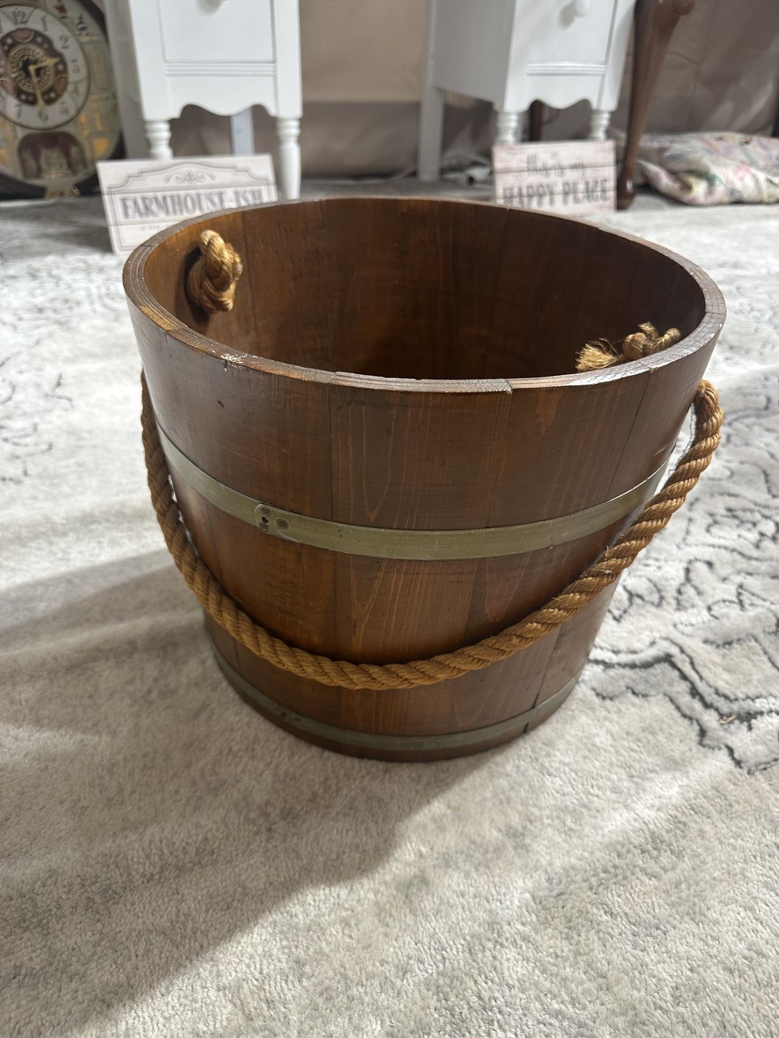 Furniture. Wooden Bucket w/Rope Handle. Vintage. 11&quot;H x 13.75&quot;W