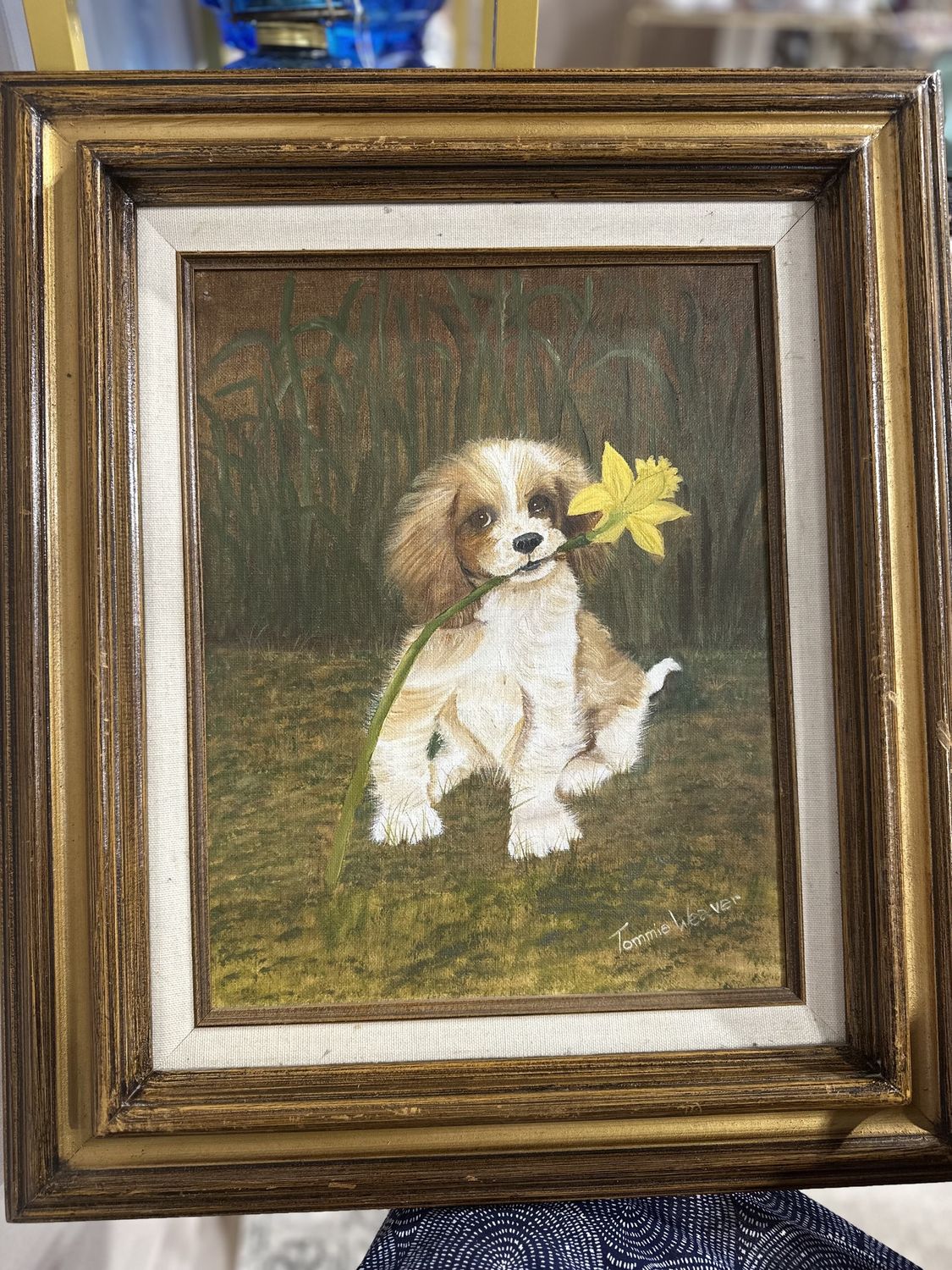 Artwork (Painting). USA. Tommie Weaver. Framed. Dog w/Daffodil. 18&quot;W x 21&quot;H