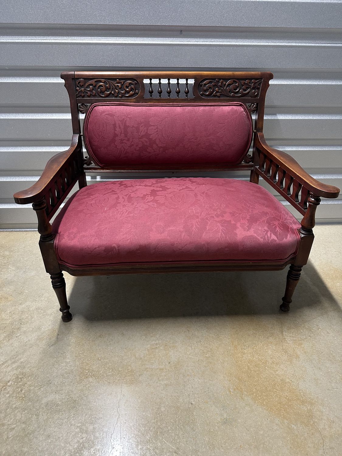 Furniture. Antique Carved Victorian Walnut Eastlake Loveseat. Burgundy. 39&quot;W x 26&quot;D x 32&quot;H