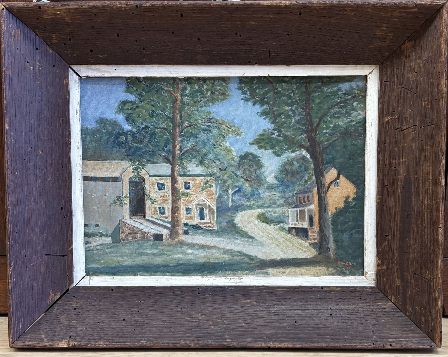 Artwork (Painting). USA. Robert Hershey. Houses on Country Road. Wide Wood Frame.