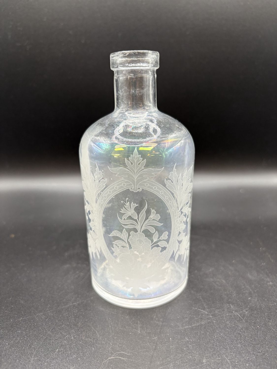 Home &amp; Bath. Antique Etched Glass Bottle. 19th Century. 5.5&quot;