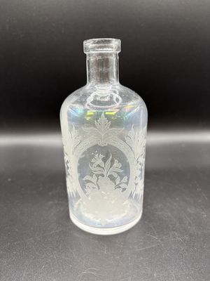 Home &amp; Bath. Antique Etched Glass Bottle. Opalescent Finish. 19th Century. 5.5"H