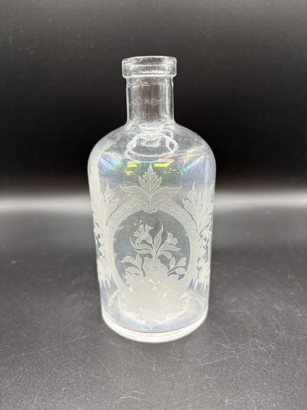 Home &amp; Bath. Antique Etched Glass Bottle. Opalescent Finish. 19th Century. 5.5&quot;H