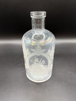 Home &amp; Bath. Antique Etched Glass Bottle. Opalescent Finish. 19th Century. 5.5"H