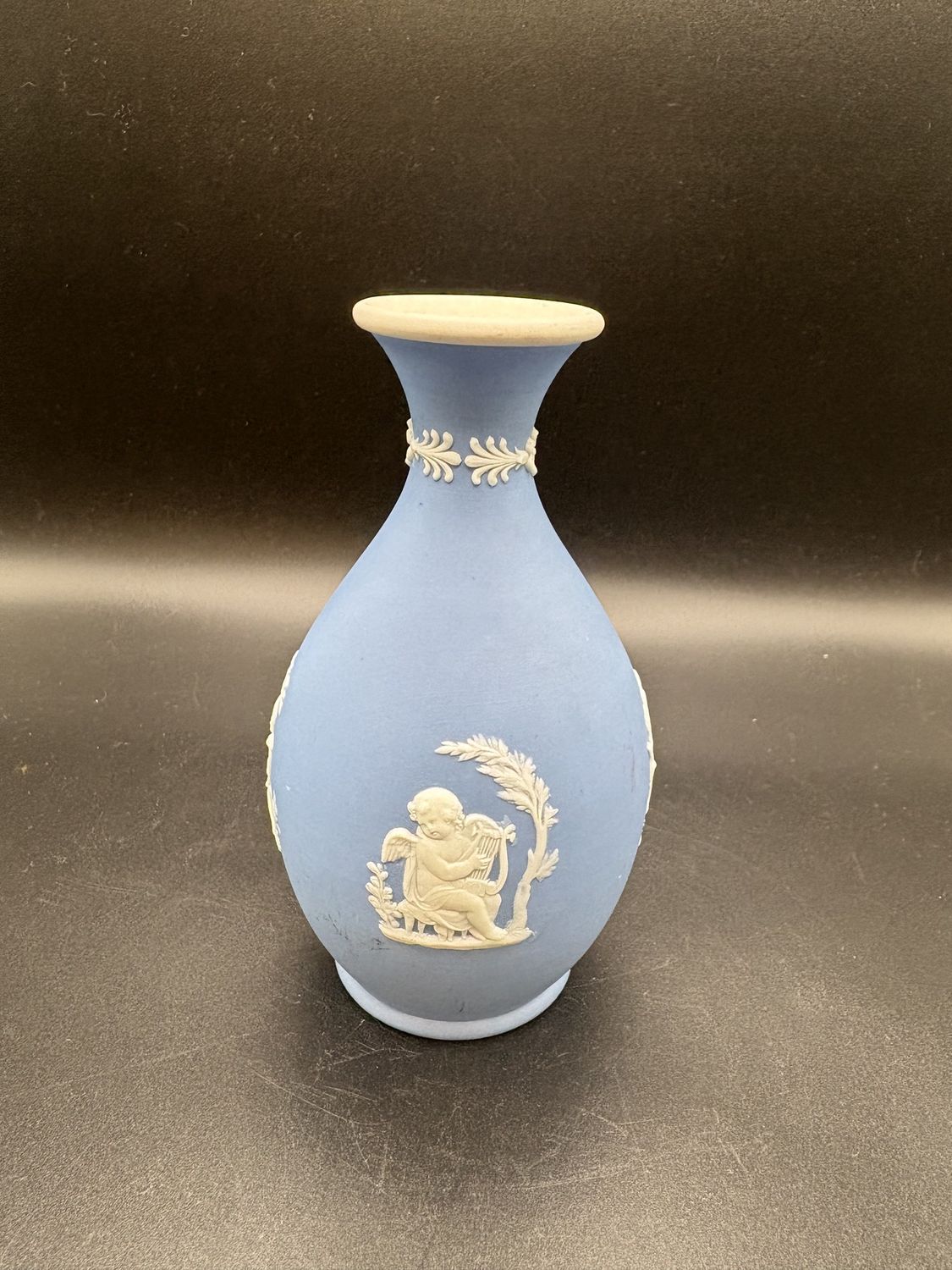 Jasperware. England. Wedgwood. Blue and White Bud Vase. 5&quot; H