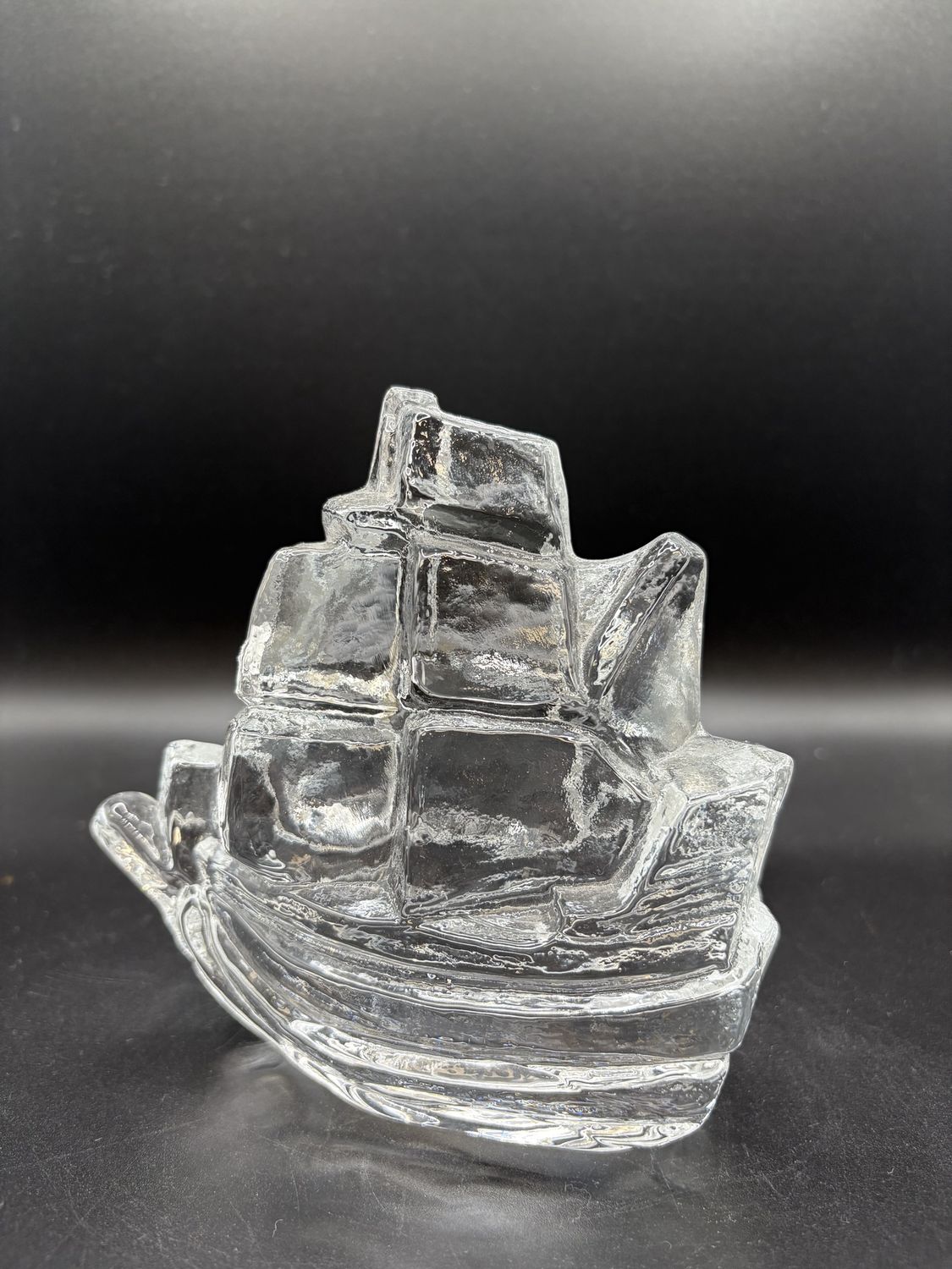 Figurine. Sweden. Pukeberg Glassworks. Glass Ship. 4.75&quot;L x 5&quot;H