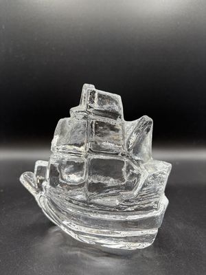 Figurine. Sweden. Pukeberg Glassworks. Glass Ship. 4.75"L x 5"H
