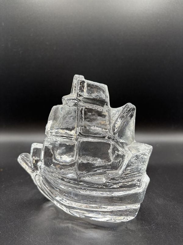 Figurine. Sweden. Pukeberg Glassworks. Glass Ship. 4.75&quot;L x 5&quot;H