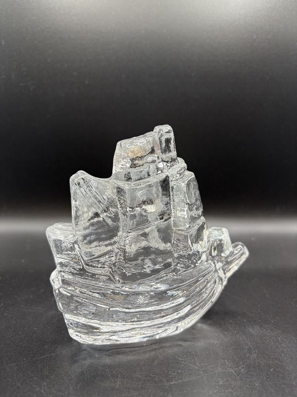 Figurine. Sweden. Pukeberg Glassworks. Glass Ship. 4.75"L x 5"H