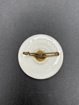 Jewelry. Pin. Denmark. Bing &amp; Grondahl. White w/ Blue Ship and "Denmark" Written Below.  1.25"W