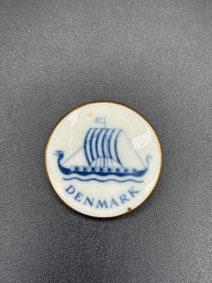 Jewelry. Pin. Denmark. Bing &amp; Grondahl. White w/ Blue Ship and "Denmark" Written Below.  1.25"W