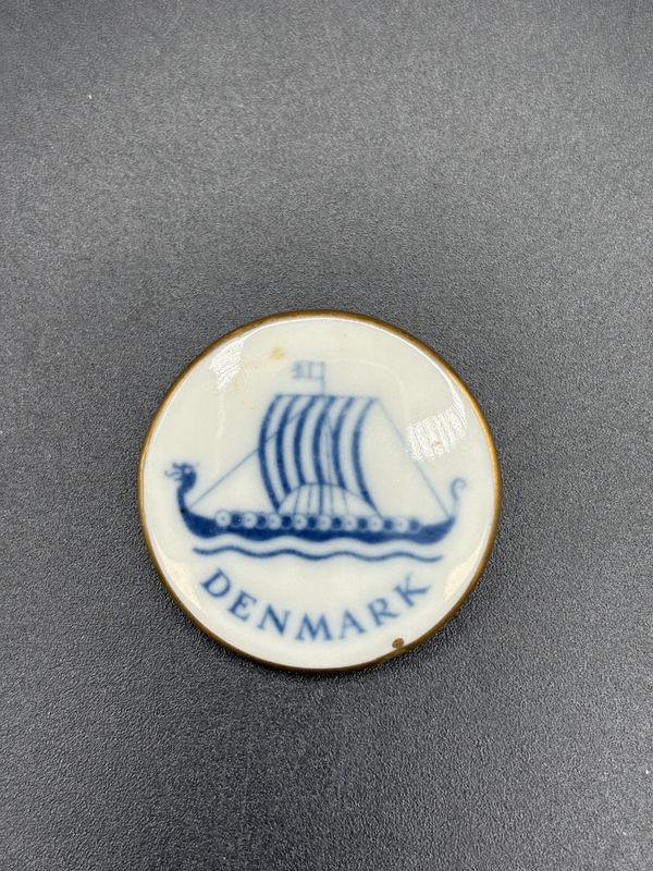 Jewelry. Pin. Denmark. Bing &amp; Grondahl. White w/ Blue Ship and &quot;Denmark&quot; Written Below.  1.25&quot;W