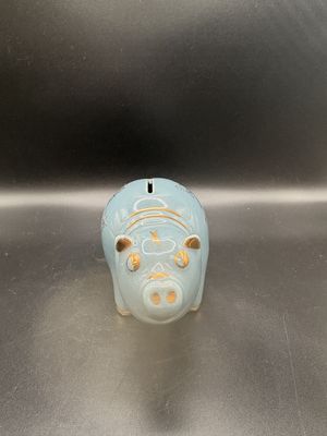 Home Decor. Holland. Piggy Bank. Blue with Gold Image of Dutch Girl. 5.5"L