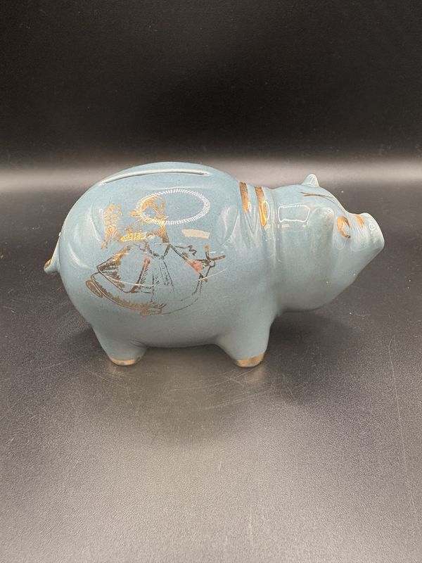 Home Decor. Holland. Piggy Bank. Blue with Gold Image of Dutch Girl. 5.5&quot;L
