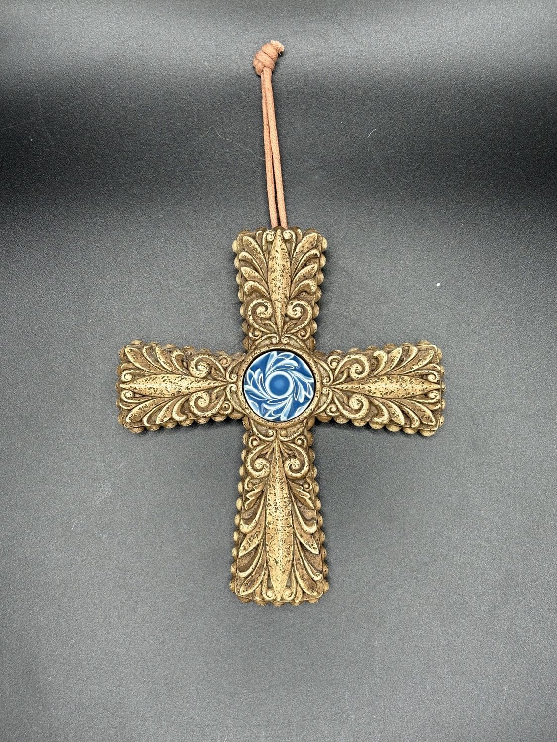 Home Decor. Gold Cross Ornament with Floral Blue Center.  5.25&quot; W..