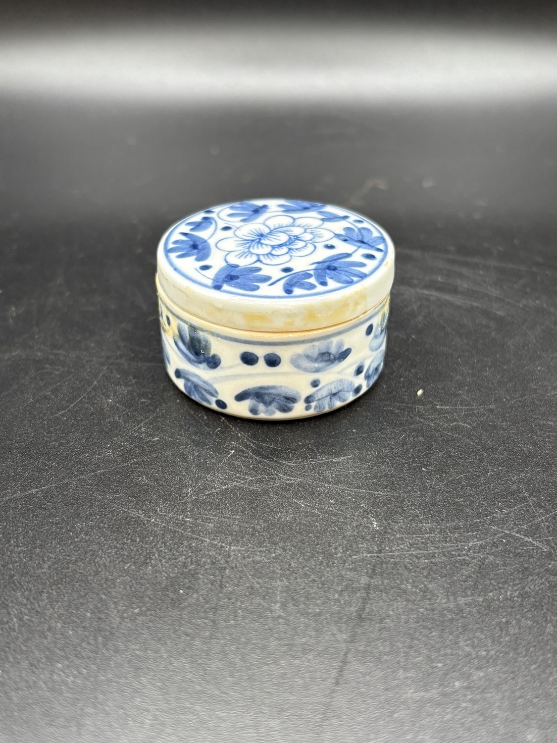 Porcelain. Trinket Box. Blue and White Floral Design. 1&quot;H