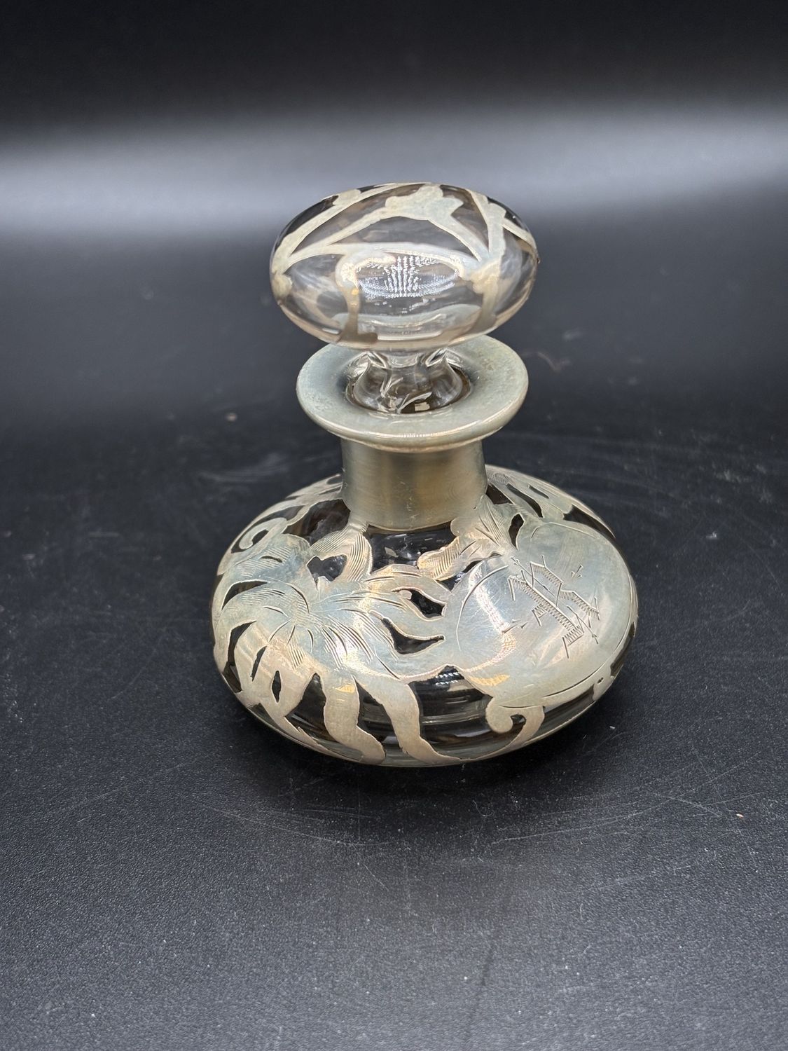 Perfume Bottle. Silver Floral Design. 3&quot; H