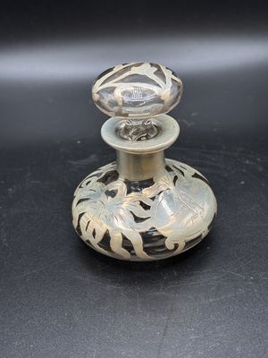 Perfume Bottle. Opalescent Glass with Sterling Silver Floral Design. 3"H