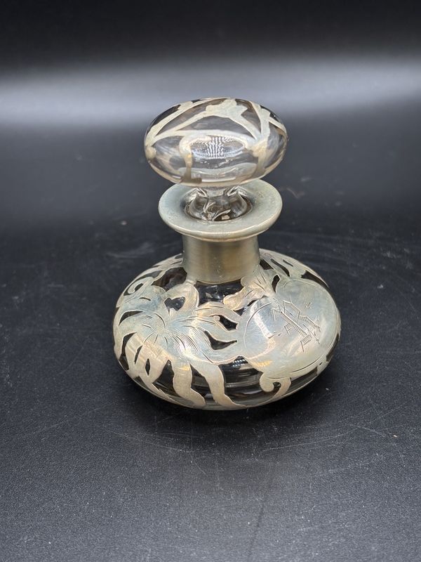 Perfume Bottle. Opalescent Glass with Sterling Silver Floral Design. 3&quot;H