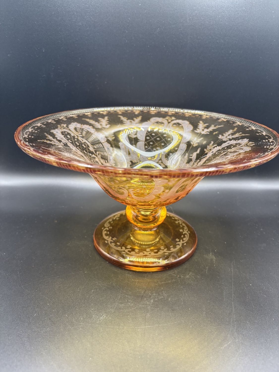 Glass. Compote. Amber with Etched Pattern. 10&quot; W
