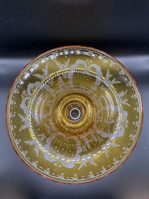 Glass. Compote. Amber with Etched Pattern. 10"W