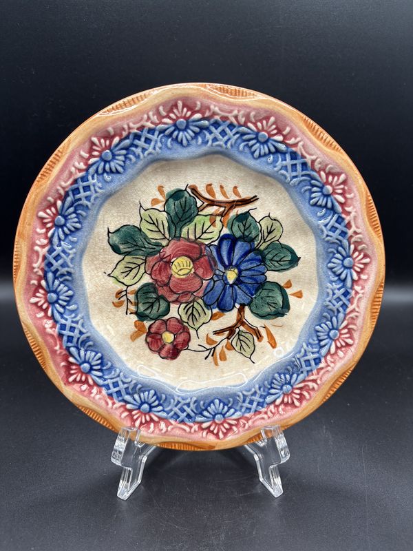 Ceramic. Japan. Plate. Majolica. Hand-painted Floral Design w/Blue &amp; Red Flowers. 7.5&quot;W