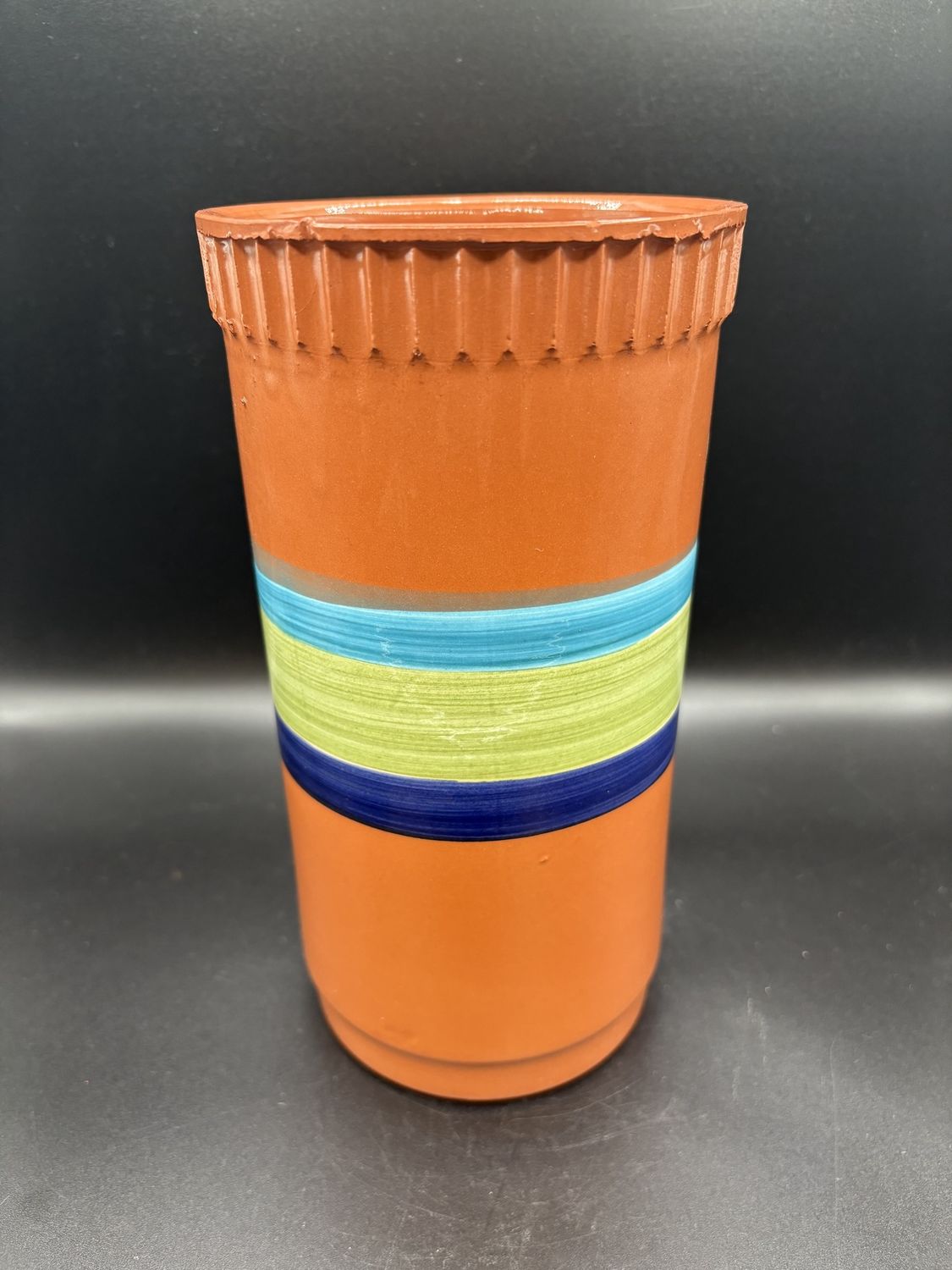 Kitchen Misc. Italy. Terracotta Wine Cooler with Blue and Green Stripes. 8.75&quot;H