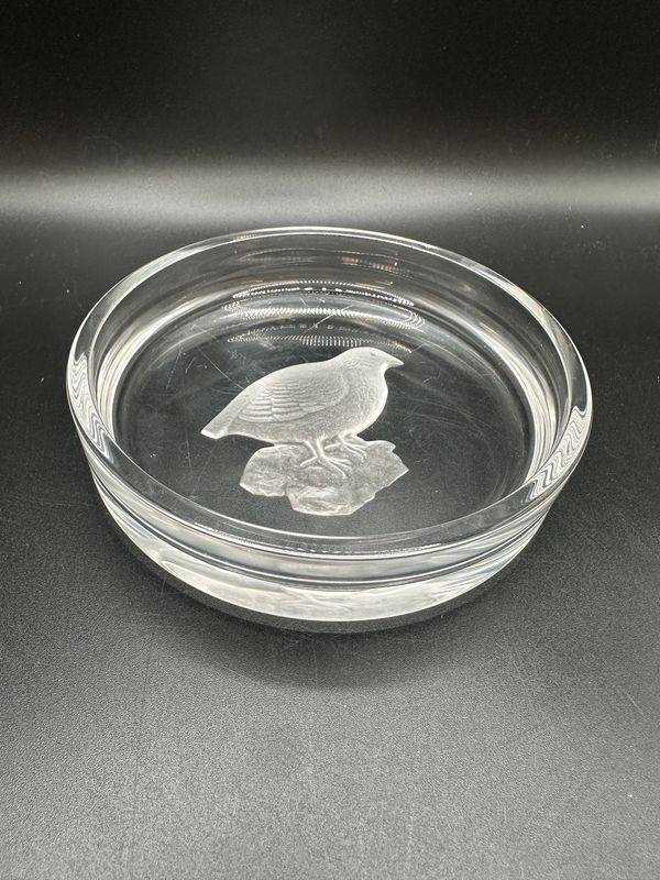 Home Decor. Belgium. Val Saint Lambert. Wine Coaster. Clear Glass w/Etched Partridge. 5.75"W