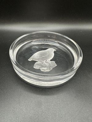 Home Decor. Belgium. Val Saint Lambert. Wine Coaster. Clear Glass w/Etched Partridge. 5.75"W
