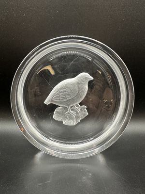 Home Decor. Belgium. Val Saint Lambert. Wine Coaster. Clear Glass w/Etched Partridge. 5.75"W