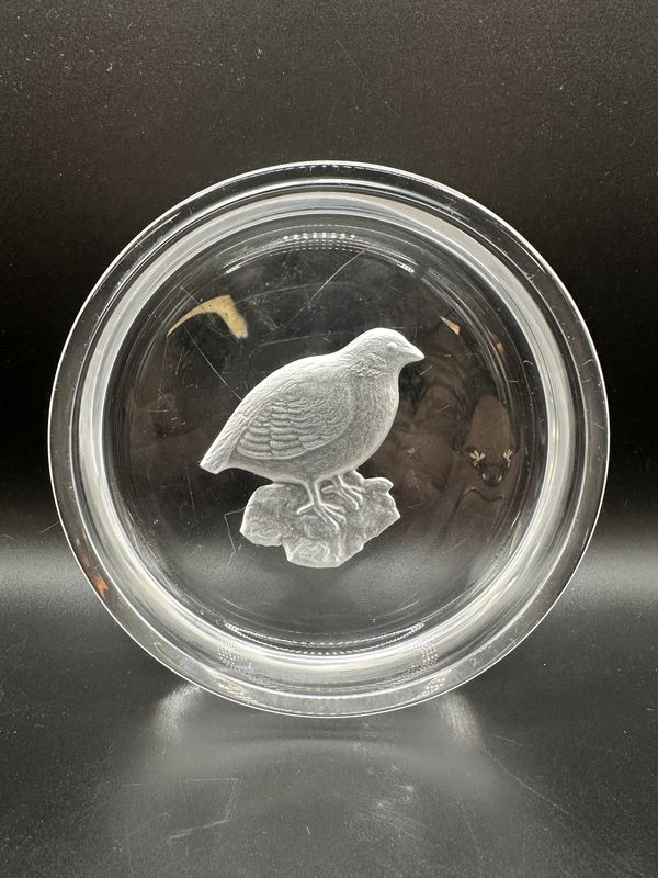Home Decor. Belgium. Val Saint Lambert. Wine Coaster. Clear Glass w/Etched Partridge. 5.75&quot;W