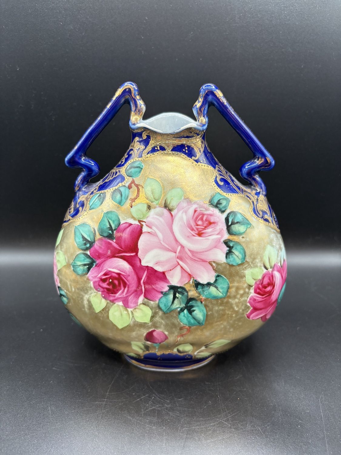 Porcelain. Japan. Porcelain Vase. Blue &amp; Gold w/Hand-painted Floral Design. Vintage. 8&quot;H