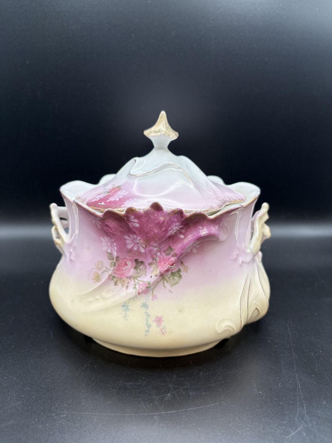 Porcelain. Germany. Biscuit Jar. Antique. Pink and Gold with Floral Design. 6.5&quot;H