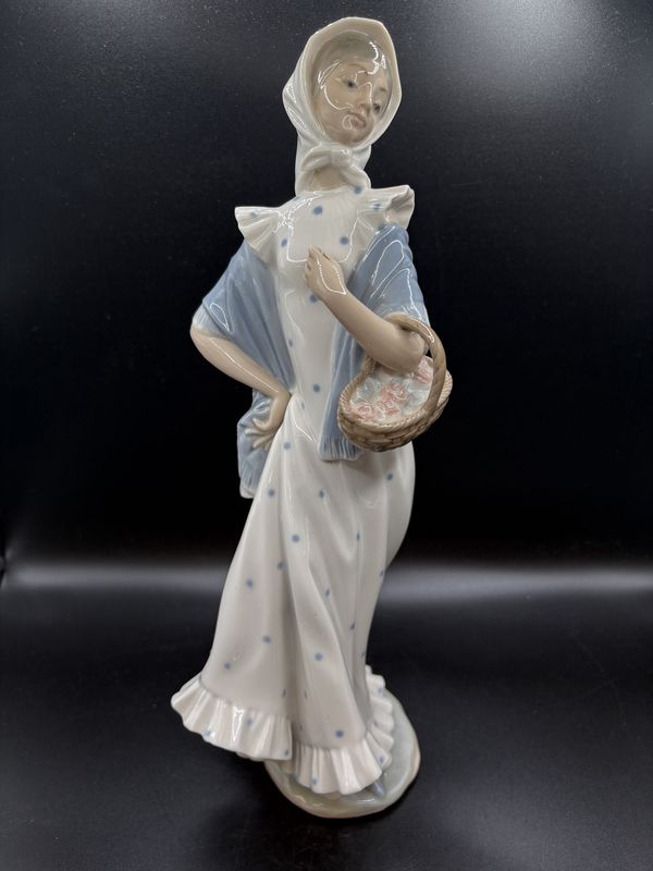 Figurine. Spain. Lladro Nao. &quot;Girl with a Basket of Roses.&quot; 13.25&quot;H