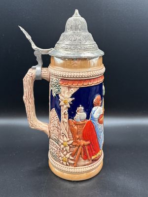Stein. Germany. Gerz. Tall Beer Stein with Pewter Lid. 9.5"H