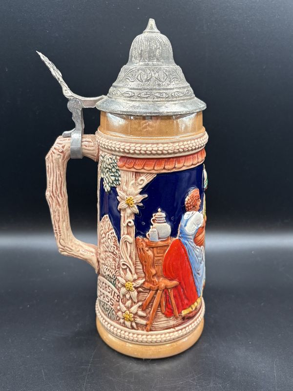 Stein. Germany. Gerz. Tall Beer Stein with Pewter Lid. 9.5&quot;H