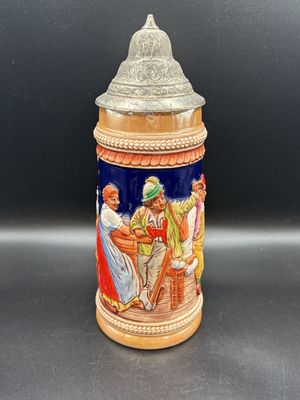 Stein. Germany. Gerz. Tall Beer Stein with Pewter Lid. 9.5"H