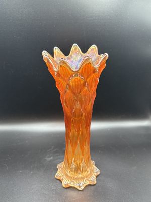 Glass. USA. Carnival Glass. Swung Vase. Tree Trunk Design. Marigold Color. 8.5"H