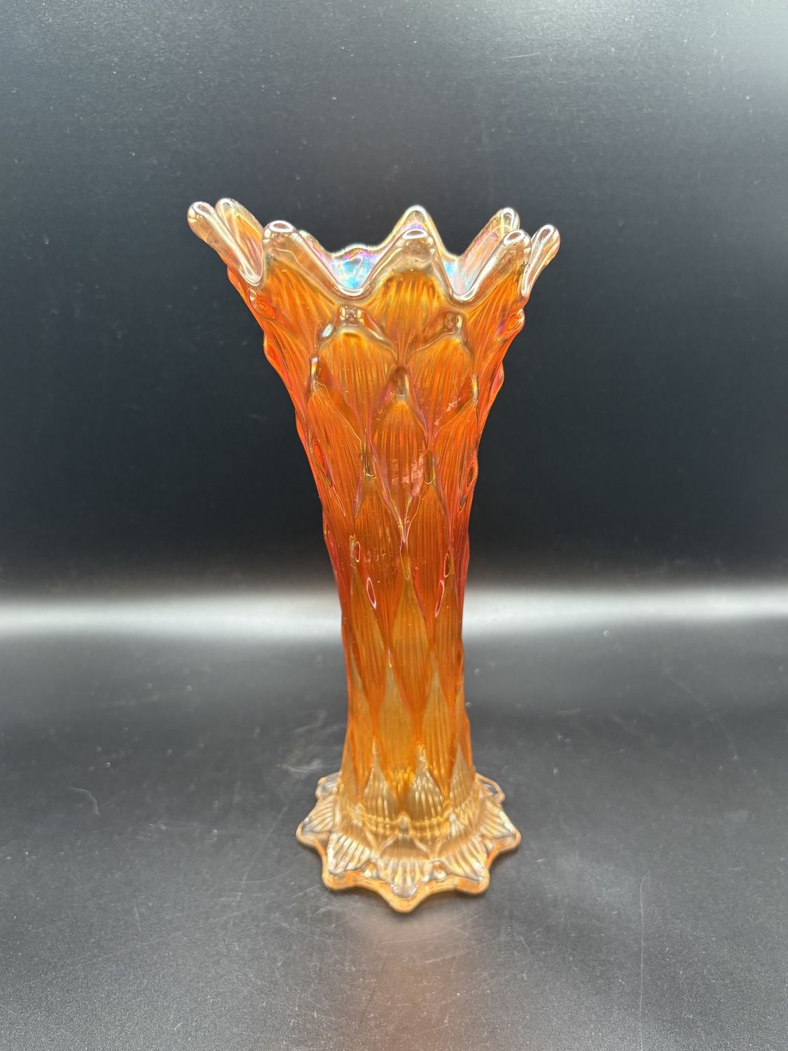 Glass. USA. Carnival Glass. Swung Vase. Tree Trunk Design. Marigold Color. 8.5&quot;H