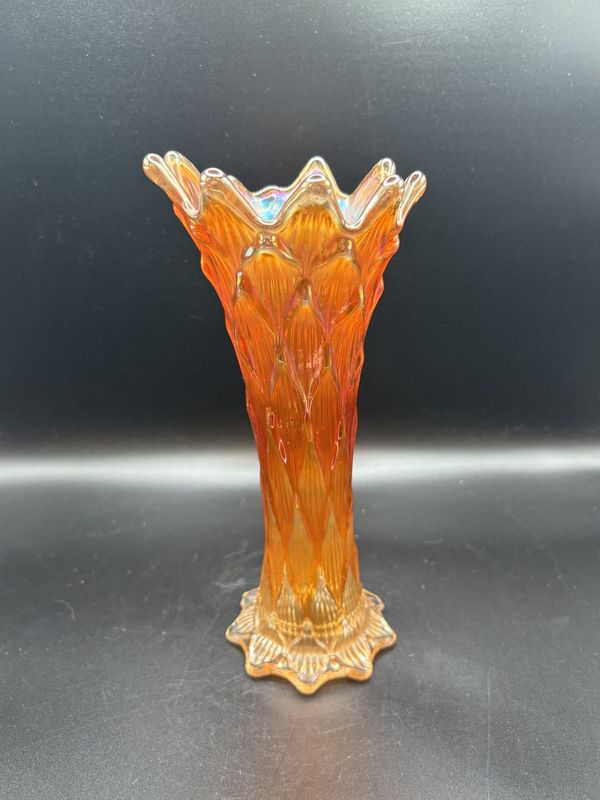Glass. USA. Carnival Glass. Swung Vase. Tree Trunk Design. Marigold Color. 8.5"H