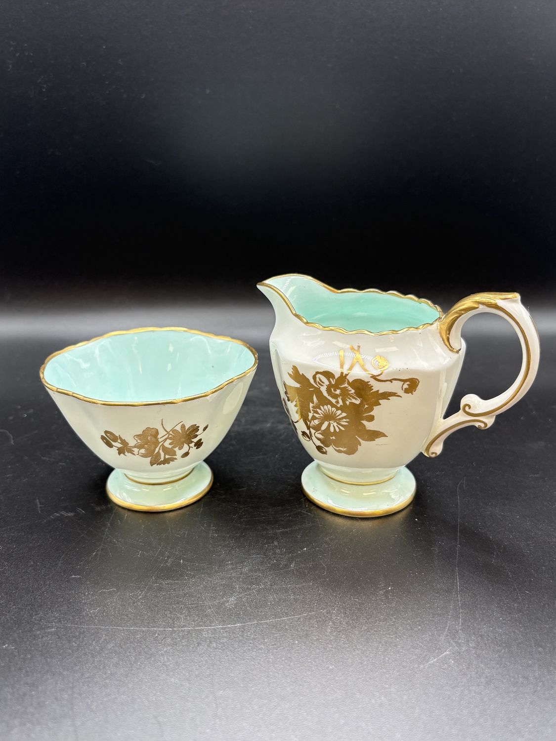 Porcelain. England. Hammersley. Sugar &amp; Creamer (Set of 2). Mint Green Interior &amp; Gold Trim. 3.5&quot;H
