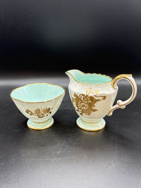 Porcelain. England. Hammersley. Sugar &amp; Creamer (Set of 2). Mint Green Interior &amp; Gold Trim. 3.5&quot;H