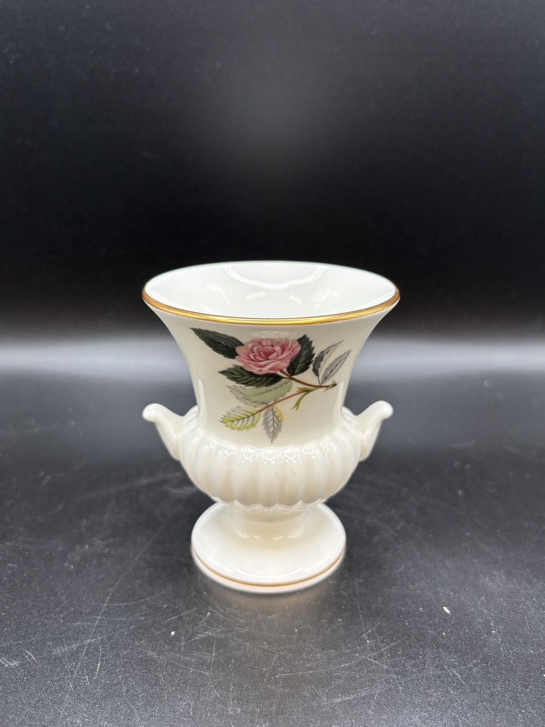 Porcelain. England. Wedgwood. Mini Bud Vase w/Hathaway Rose. 3.5&quot;H