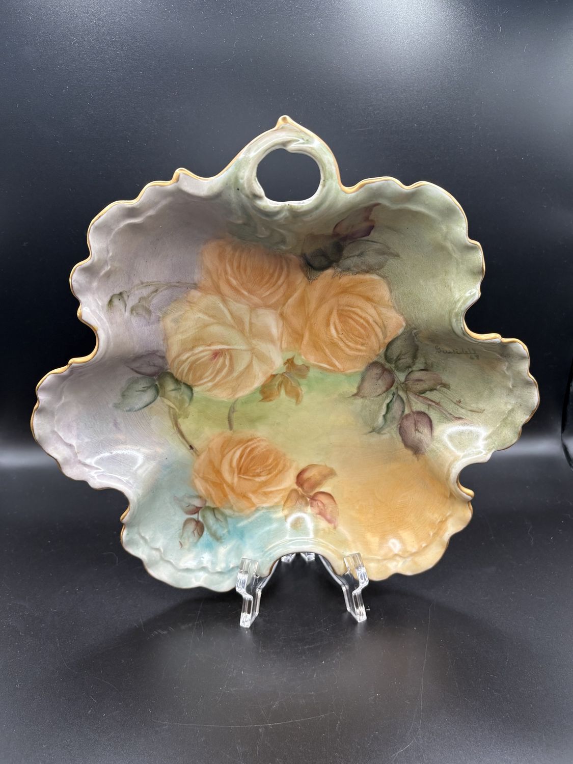 Porcelain. Hand-painted Decorative Plate. Blue, Green, &amp; Yellow  with Yellow Roses &amp; Gold Trim. Vintage (1968). 10.5&quot;L x 9.5&quot;W