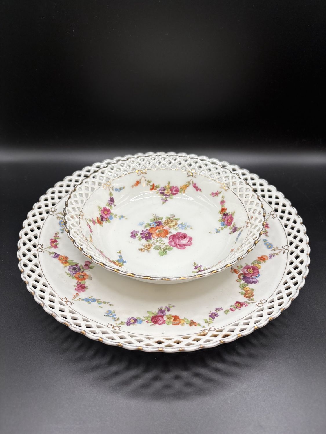 Porcelain. Germany. Schumann Bavaria. Reticulated Bowl &amp; Plate (2 Items). White w/Colorful Floral Design &amp; Gold Trim. 10&quot;W