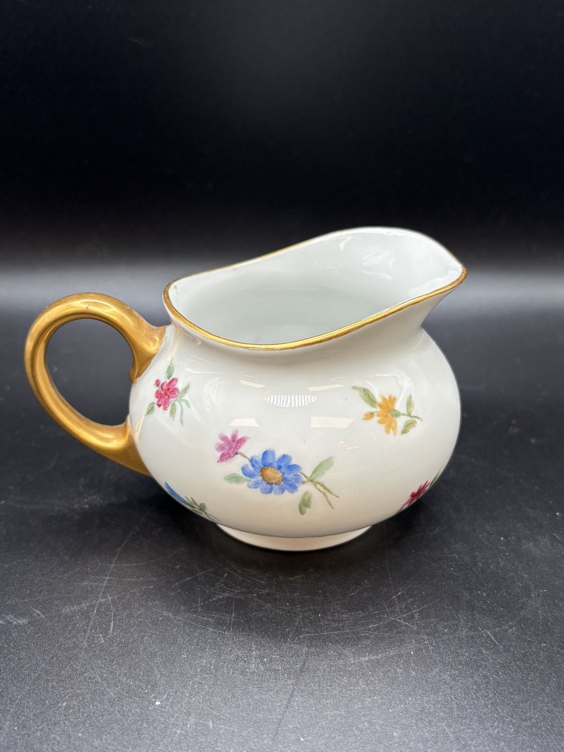 Porcelain. Germany. Cavalier. Creamer. White w/Small Bright Flowers &amp; Gold Trim. 3"H