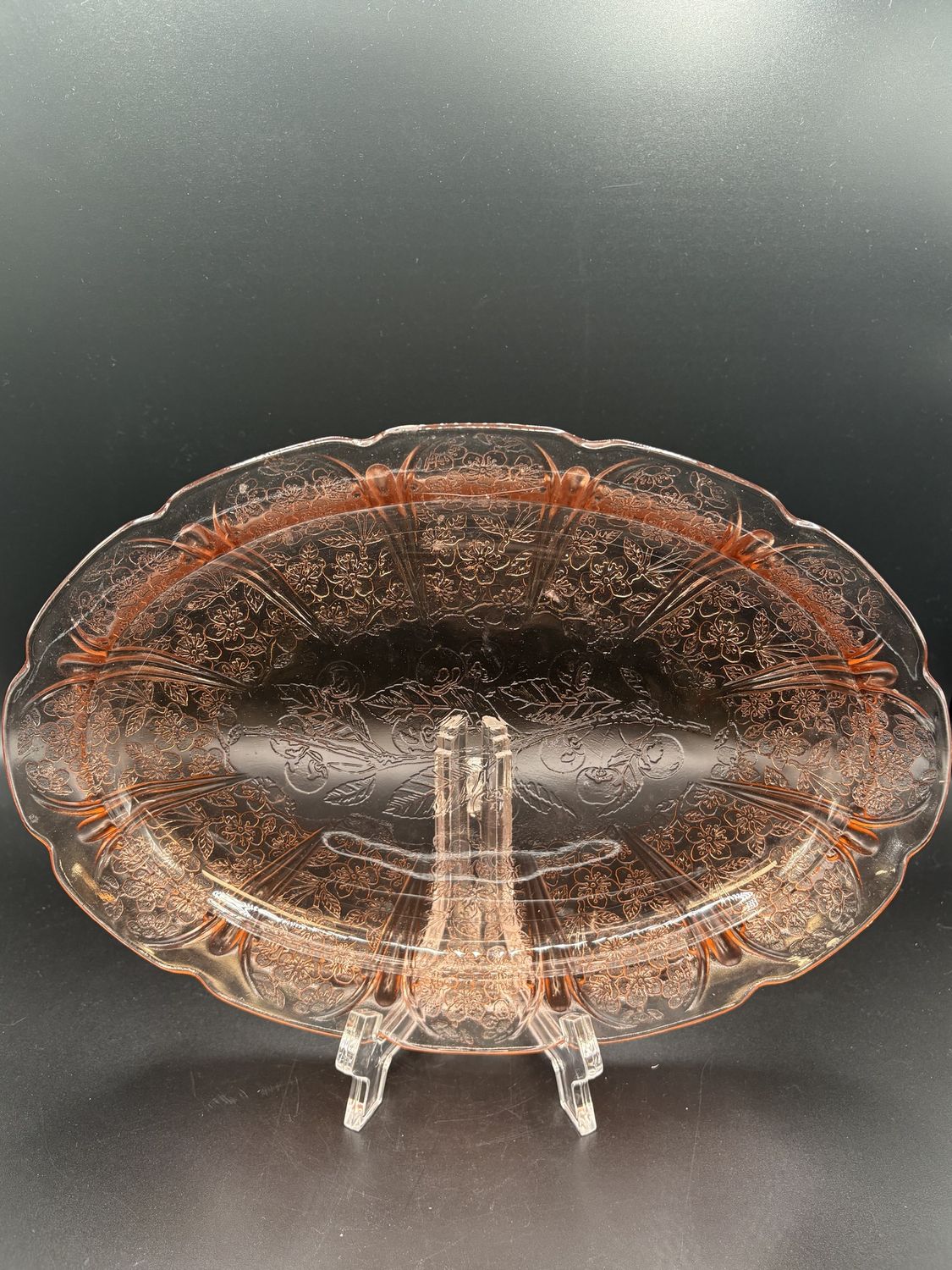 Glass. USA. Depression Glass Oval Platter. Cherry Blossom Pink. 11&quot;L x 7.75&quot; W