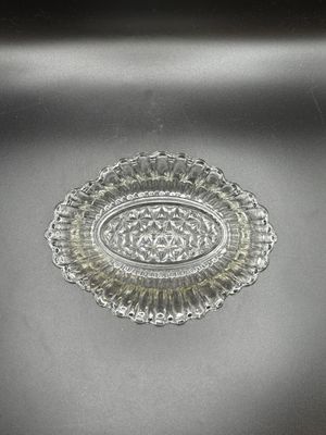 Glass. USA. Pressed Relish Dish with Ribbed Sides &amp; Scalloped Edge. 8"L x 5"W